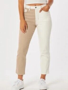 Hollister Tan & White Half Colorblock Pants Mom Jeans Ultra High Rise Size 28/27